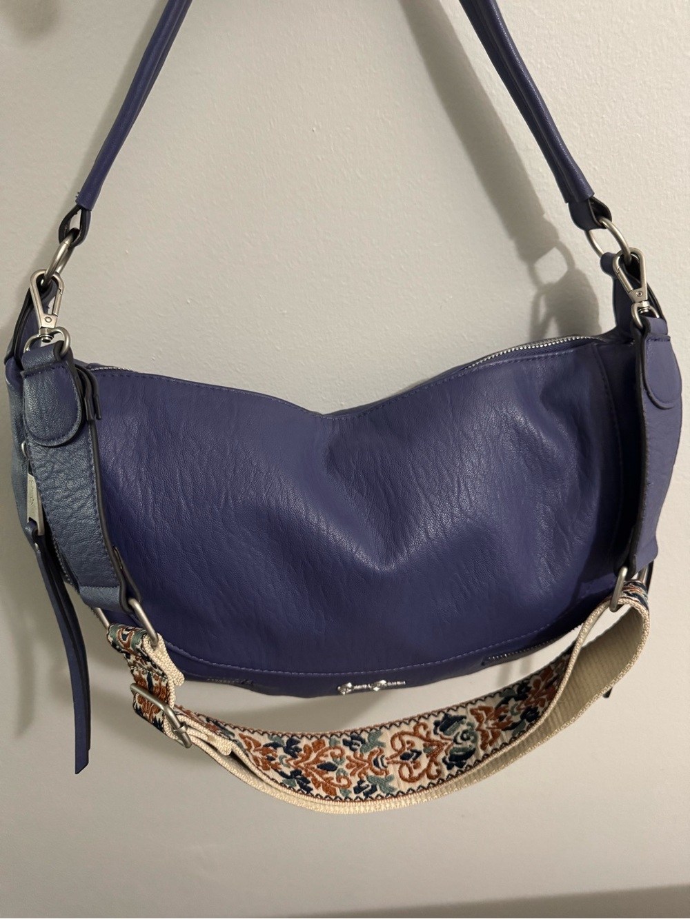 Leather Shoulder Bag in Purple with Decorative Strap